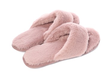 Photo of Pair of pink soft slippers isolated on white