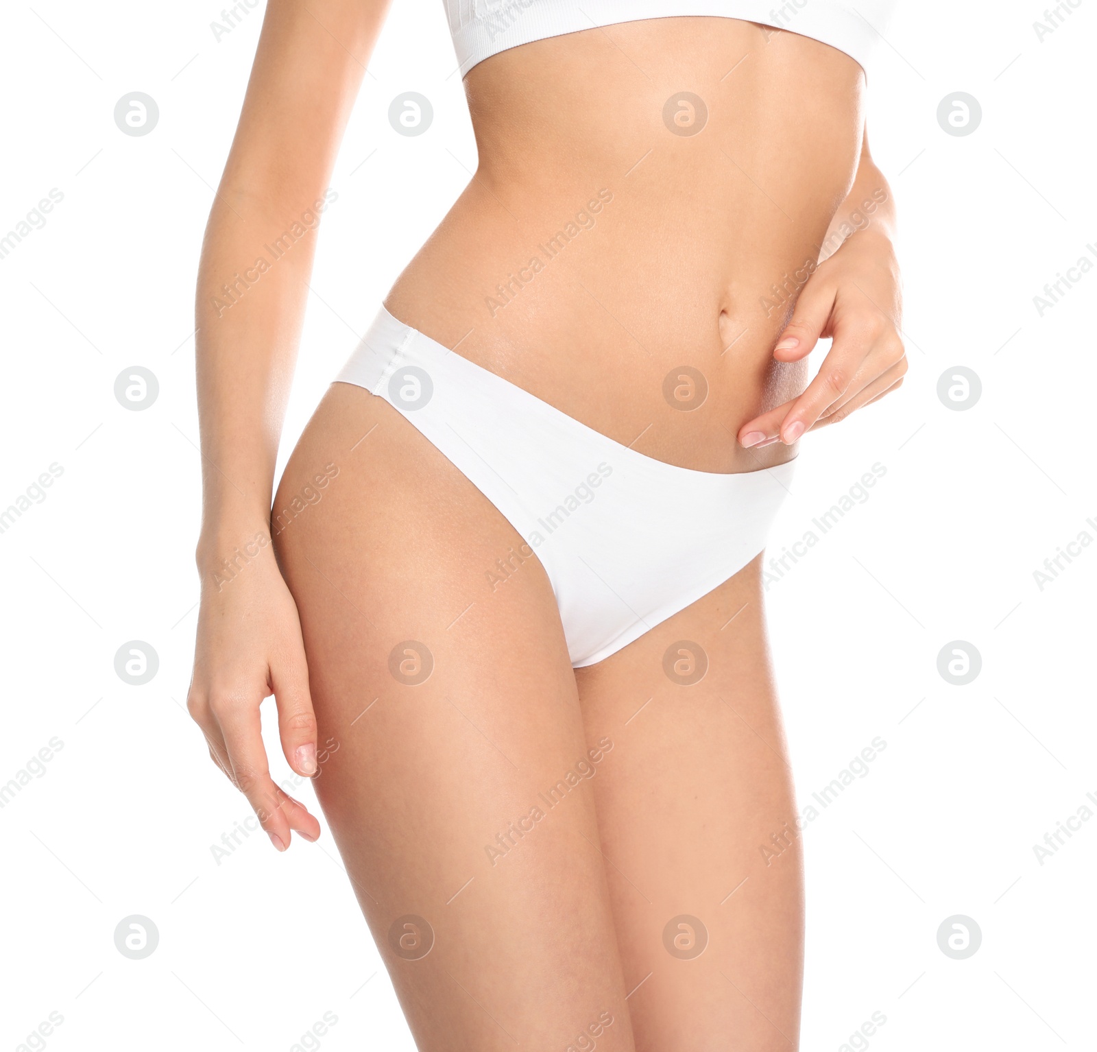 Photo of Slim young woman with smooth gentle skin on white background, closeup. Beauty and body care concept