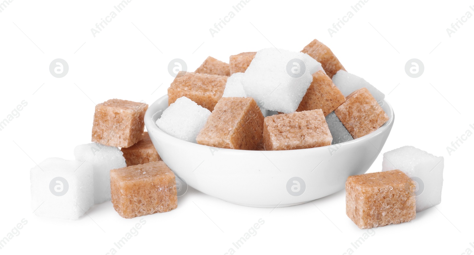 Photo of Different types of sugar in bowl isolated on white