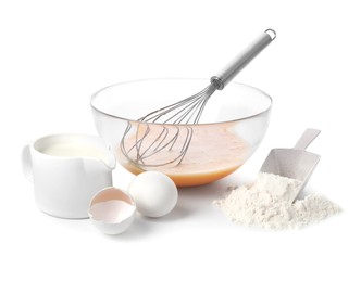 Photo of Making dough. Beaten eggs, metal whisk in bowl, flour and milk isolated on white