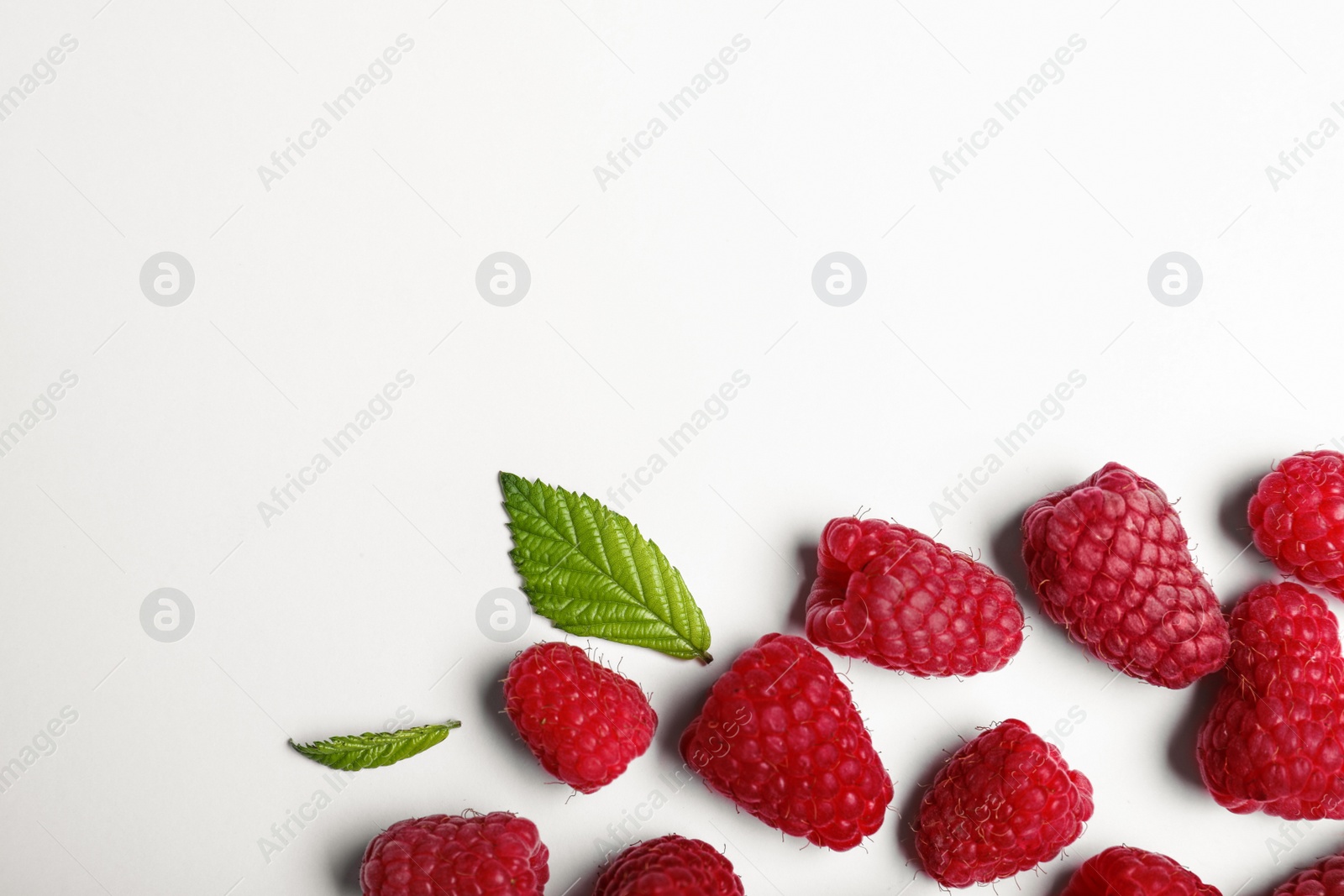 Photo of Composition with delicious ripe raspberries on white background, top view