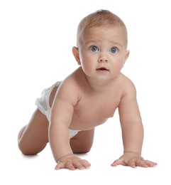 Cute little baby in diaper crawling on white background