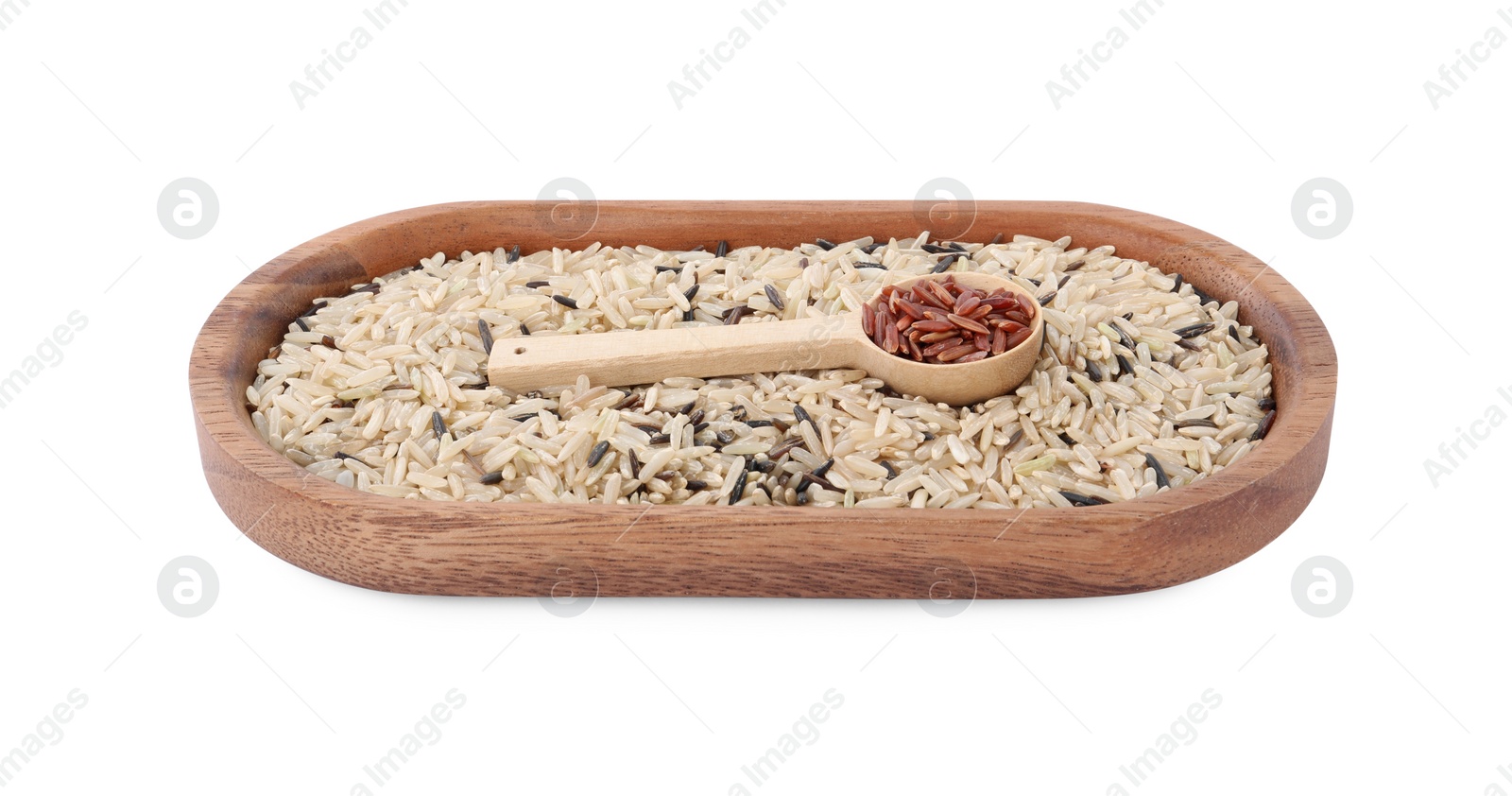 Photo of Dish and spoon with different sorts of rice isolated on white