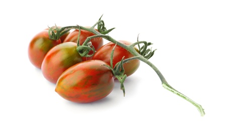 Branch of red grape tomatoes on white background