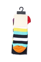 Photo of Colorful socks on white background, top view