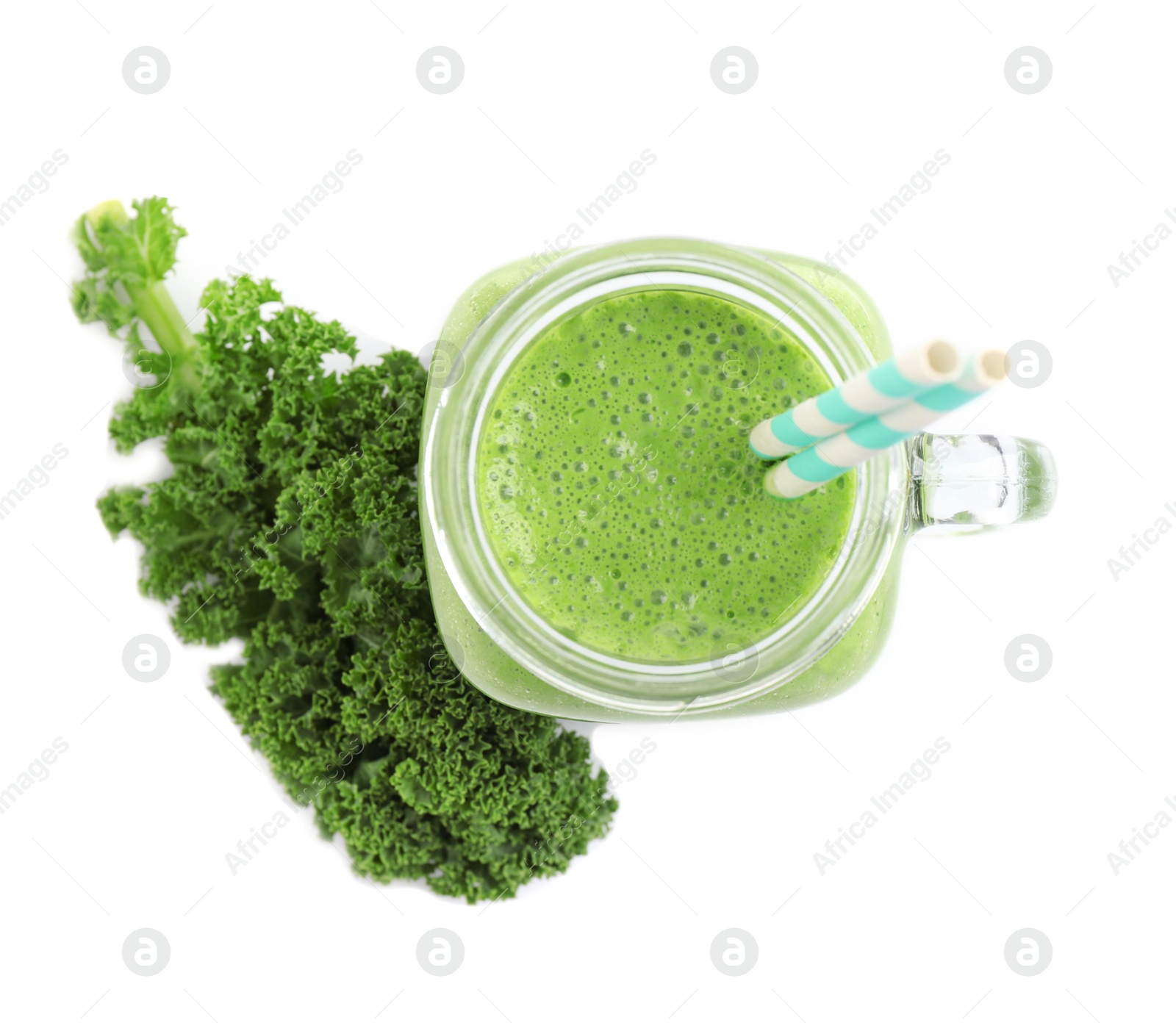 Photo of Tasty fresh kale smoothie on white background, top view