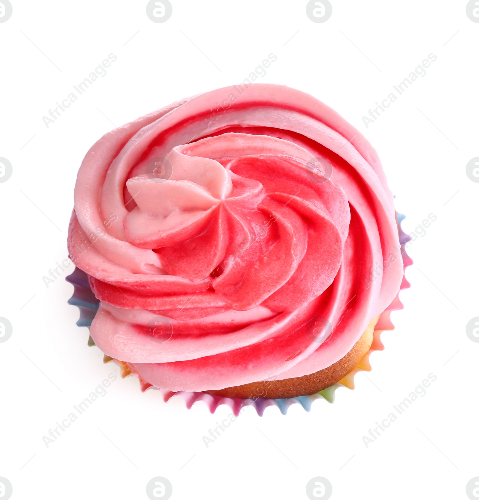 Photo of Delicious cupcake with pink cream isolated on white, top view