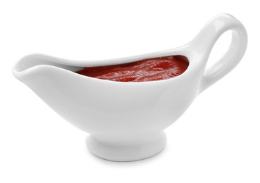 Photo of Ceramic boat with tomato sauce isolated on white