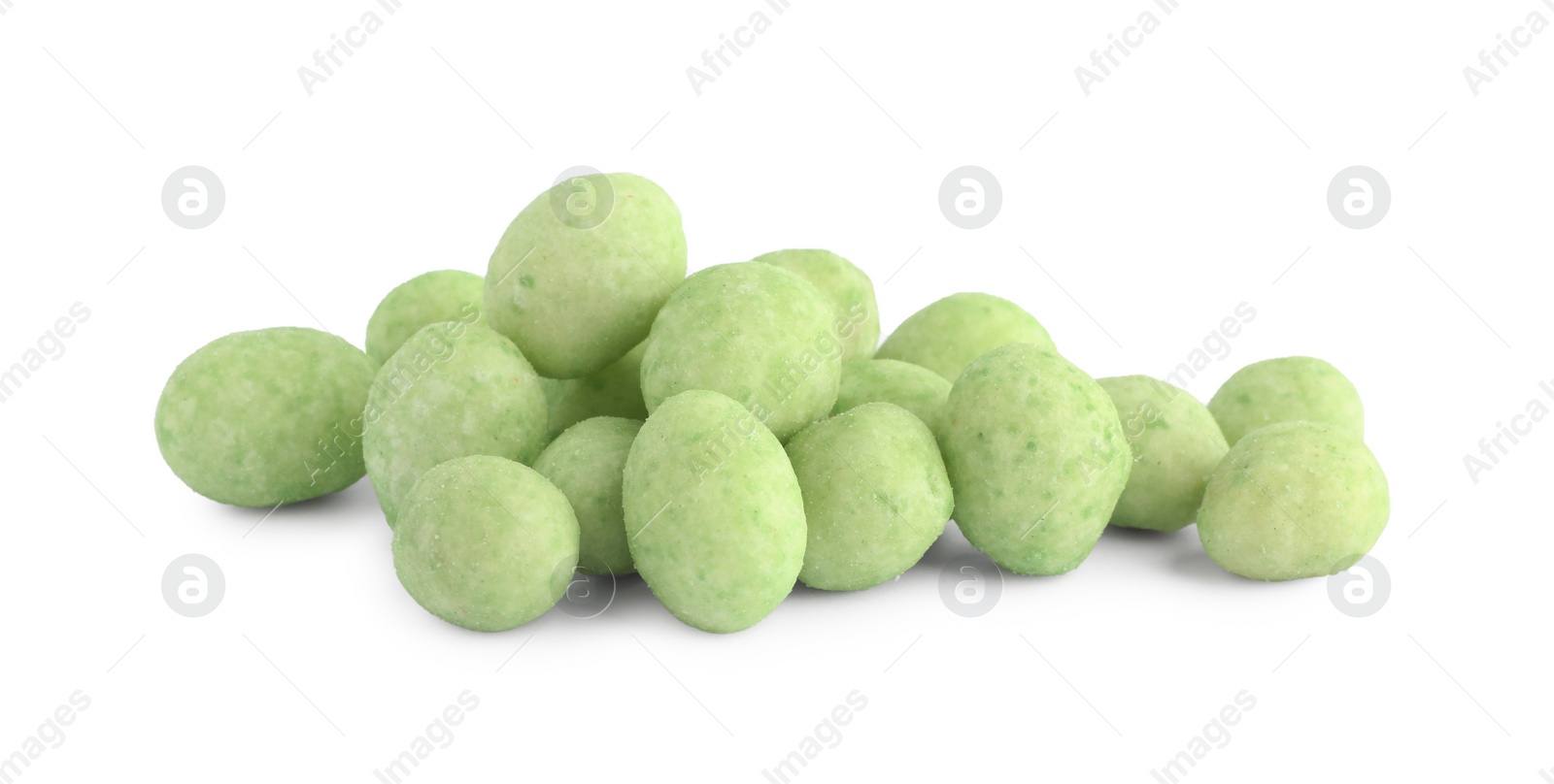 Photo of Pile of wasabi coated peanuts on white background