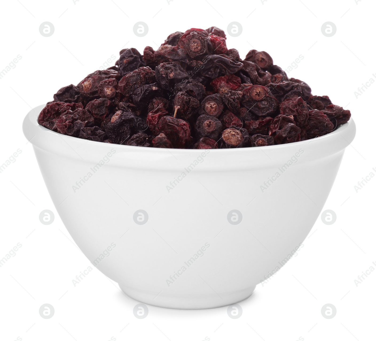 Photo of Bowl of tasty dried currants on white background