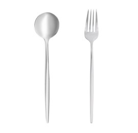 Shiny silver spoon and fork on white background, top view