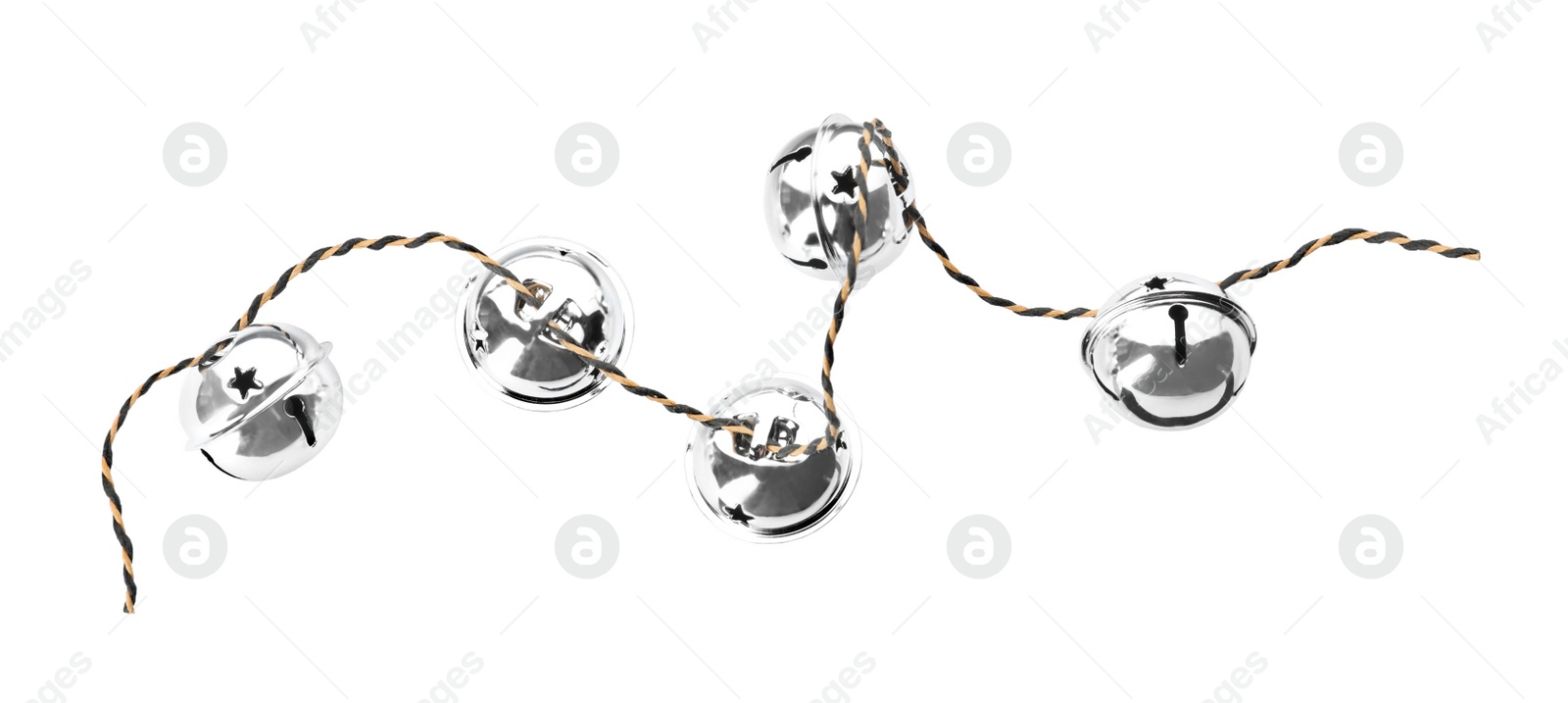 Photo of Shiny silver sleigh bells on white background, top view