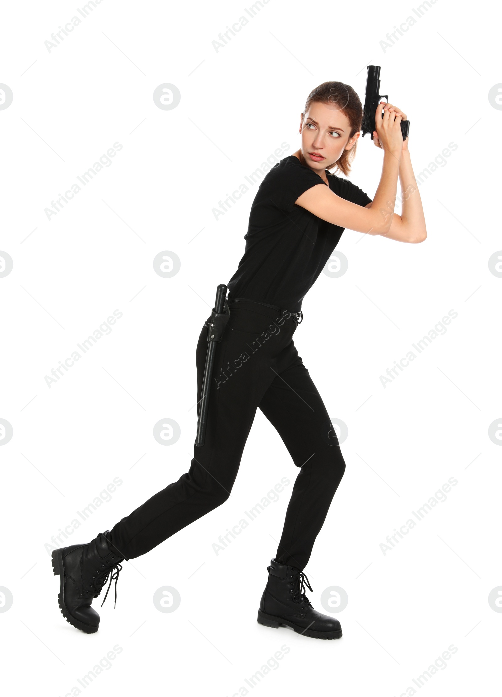 Photo of Female security guard in uniform with gun on white background