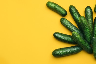 Photo of Fresh ripe cucumbers on yellow background, flat lay. Space for text