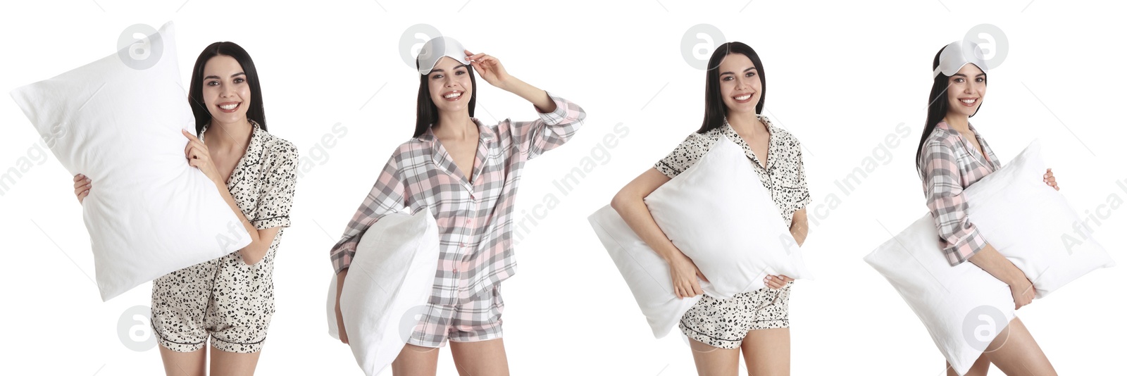 Image of Collage of young woman in pajamas with pillow against white background. Banner design