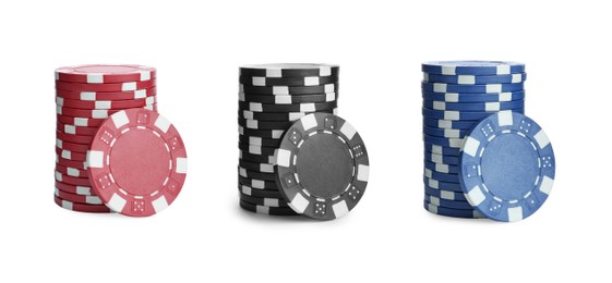 Image of Set with stacks of different casino chips on white background, banner design. Poker game