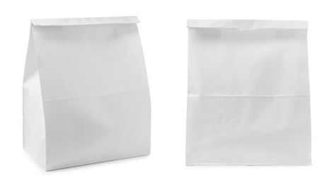 Image of Closed paper bags on white background, collage