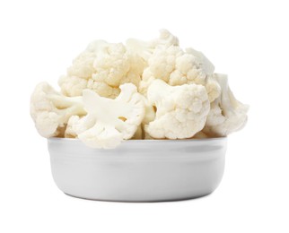 Bowl with cut fresh raw cauliflowers on white background