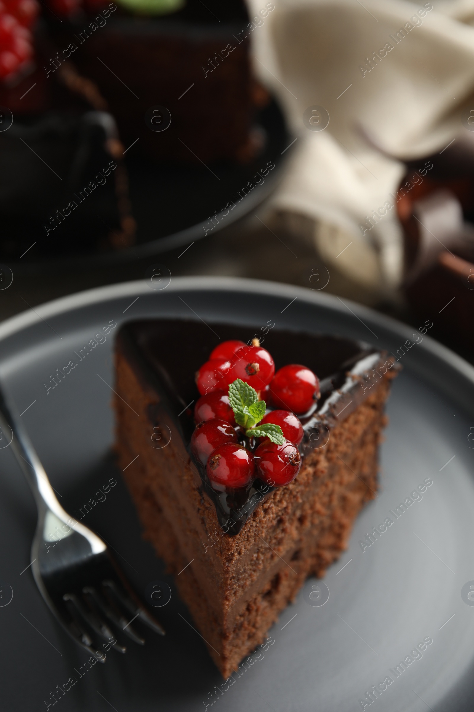 Photo of Piece of tasty homemade chocolate cake with berries and mint on plate, closeup