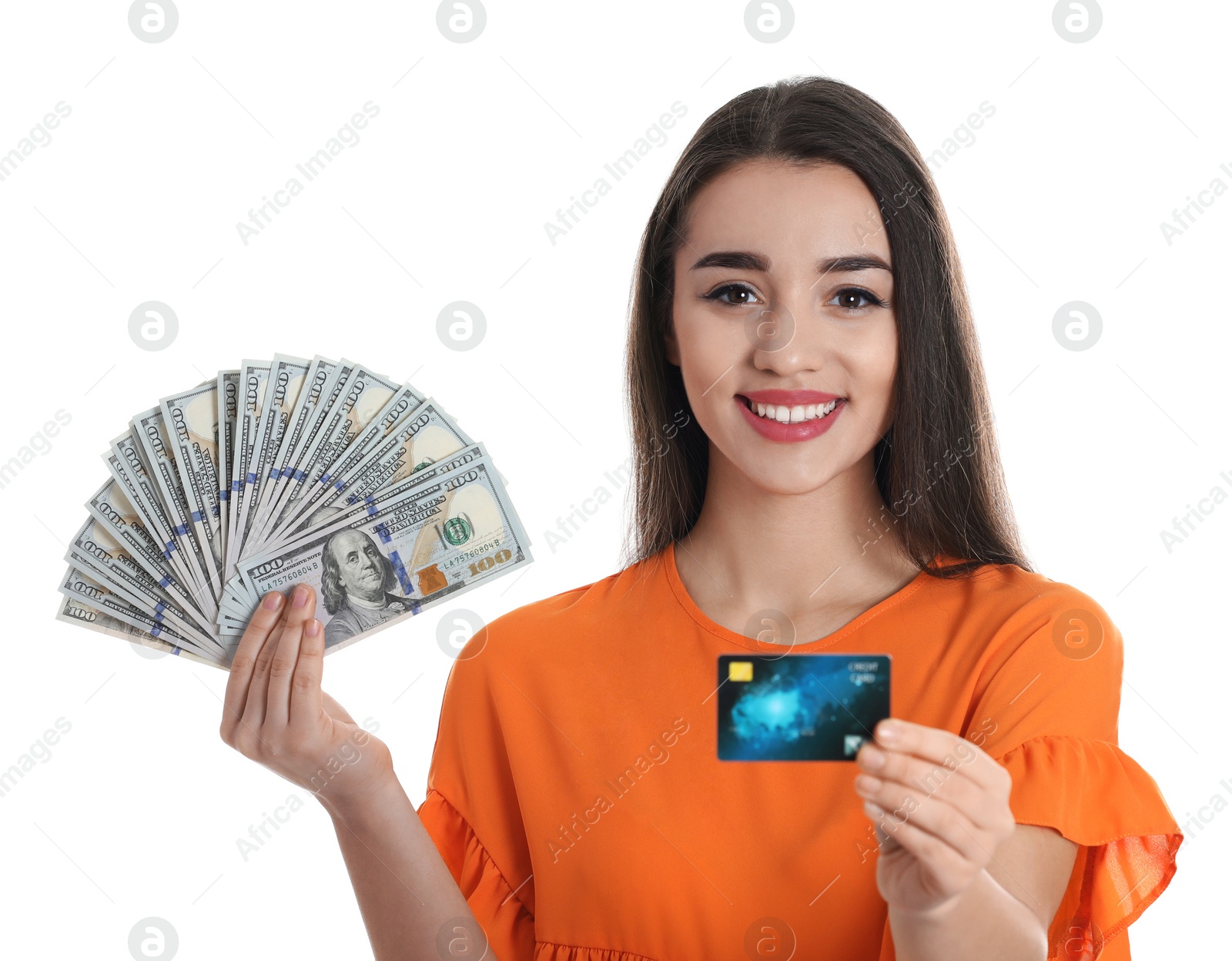 Photo of Portrait of happy young woman with money and credit card on white background