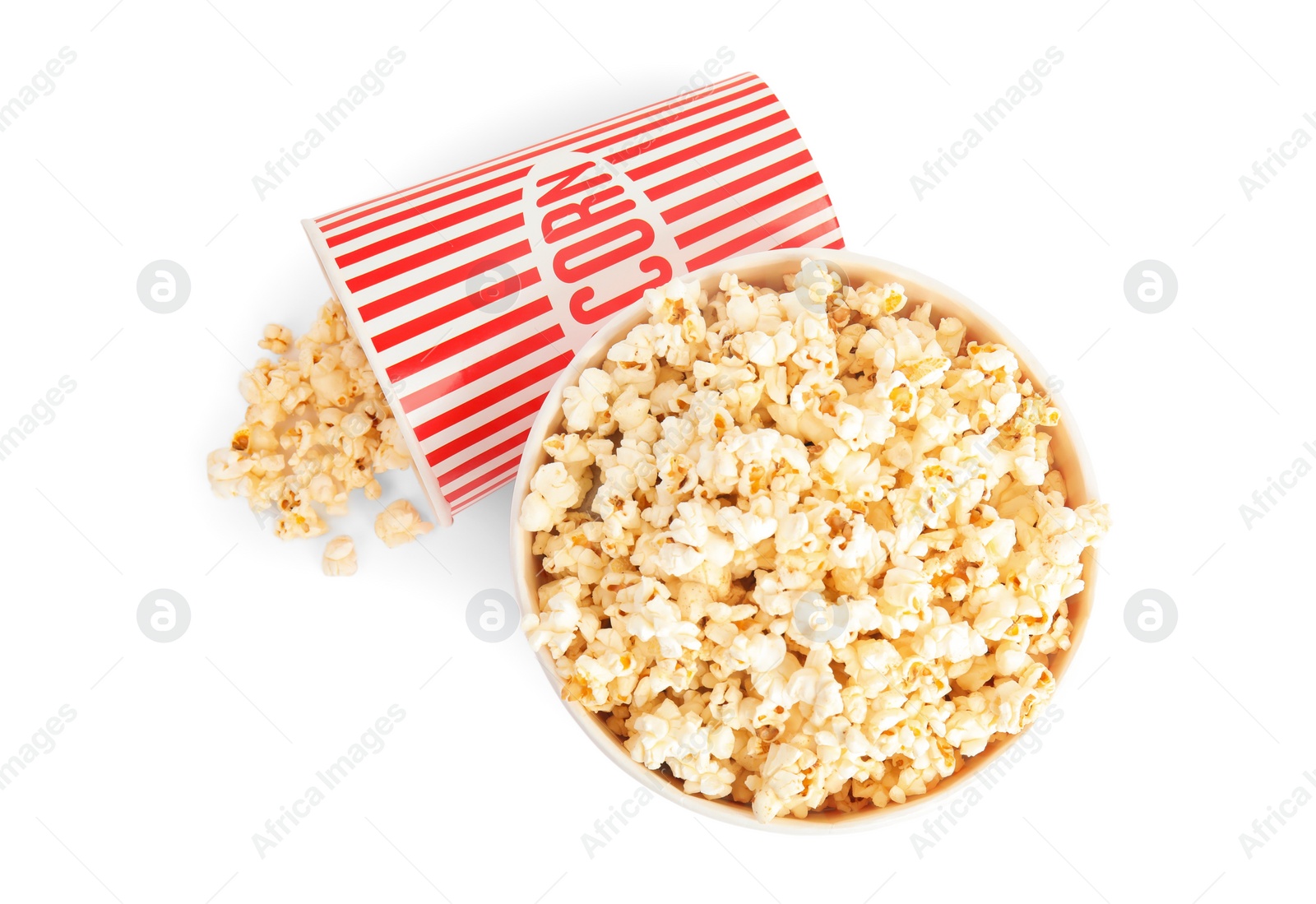 Photo of Buckets of tasty pop corn isolated on white, top view