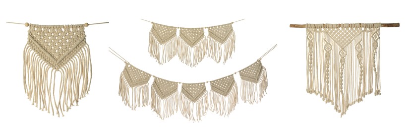 Image of Set with beautiful macrame on white background. Banner design