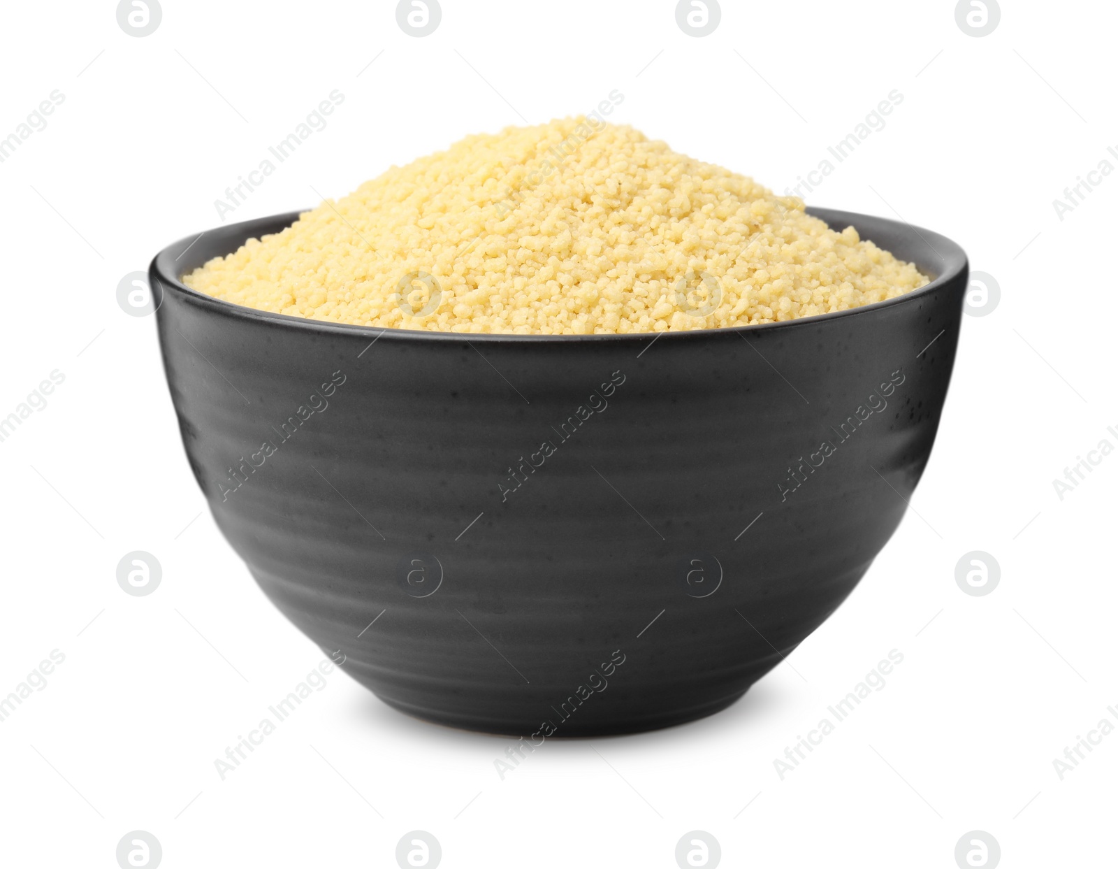 Photo of Raw couscous in bowl isolated on white