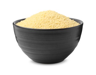 Photo of Raw couscous in bowl isolated on white