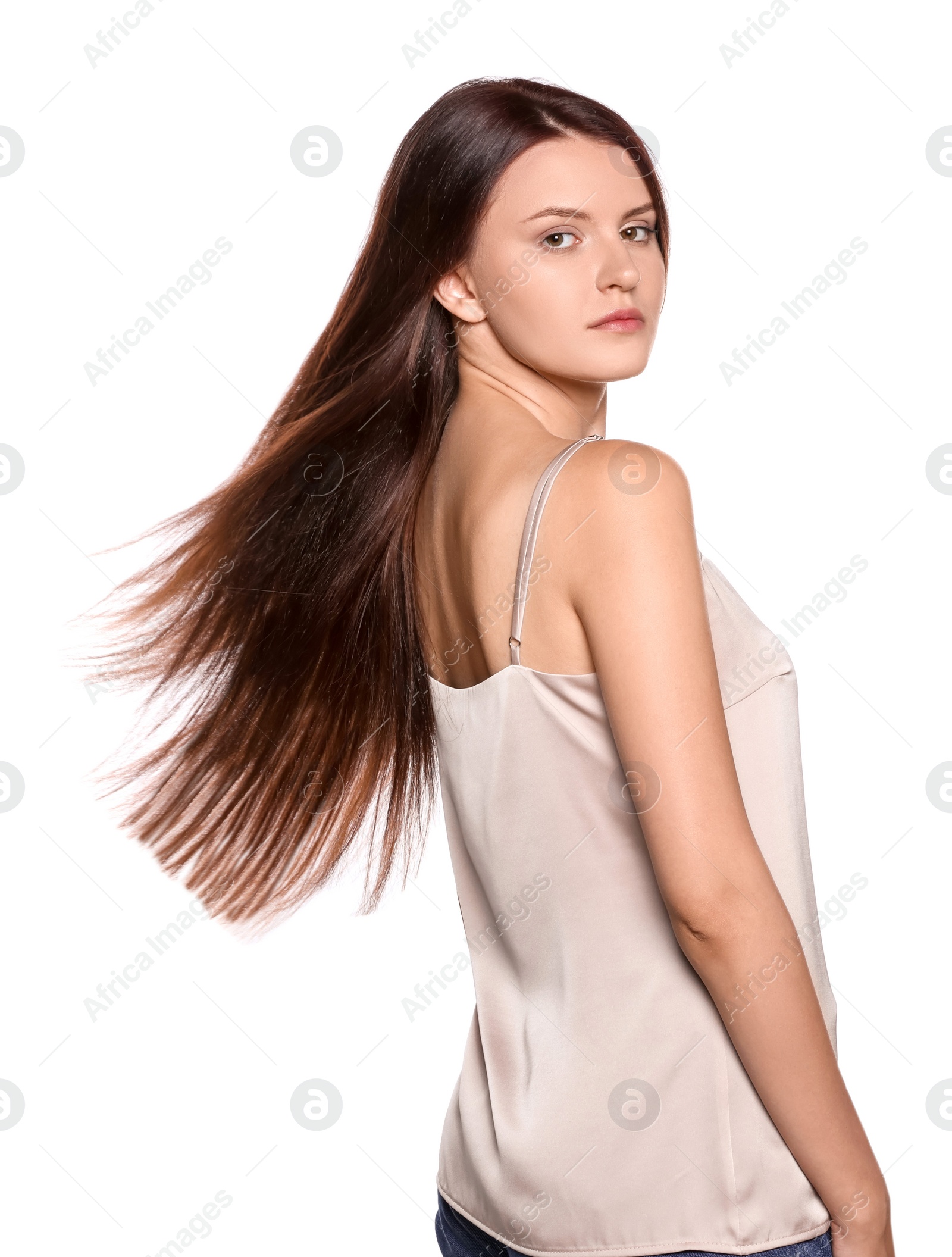 Photo of Portrait of beautiful young woman with healthy strong hair on white background