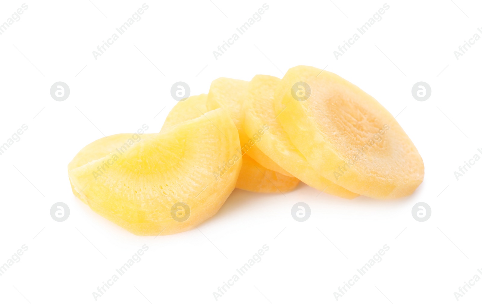 Photo of Slices of raw yellow carrot isolated on white