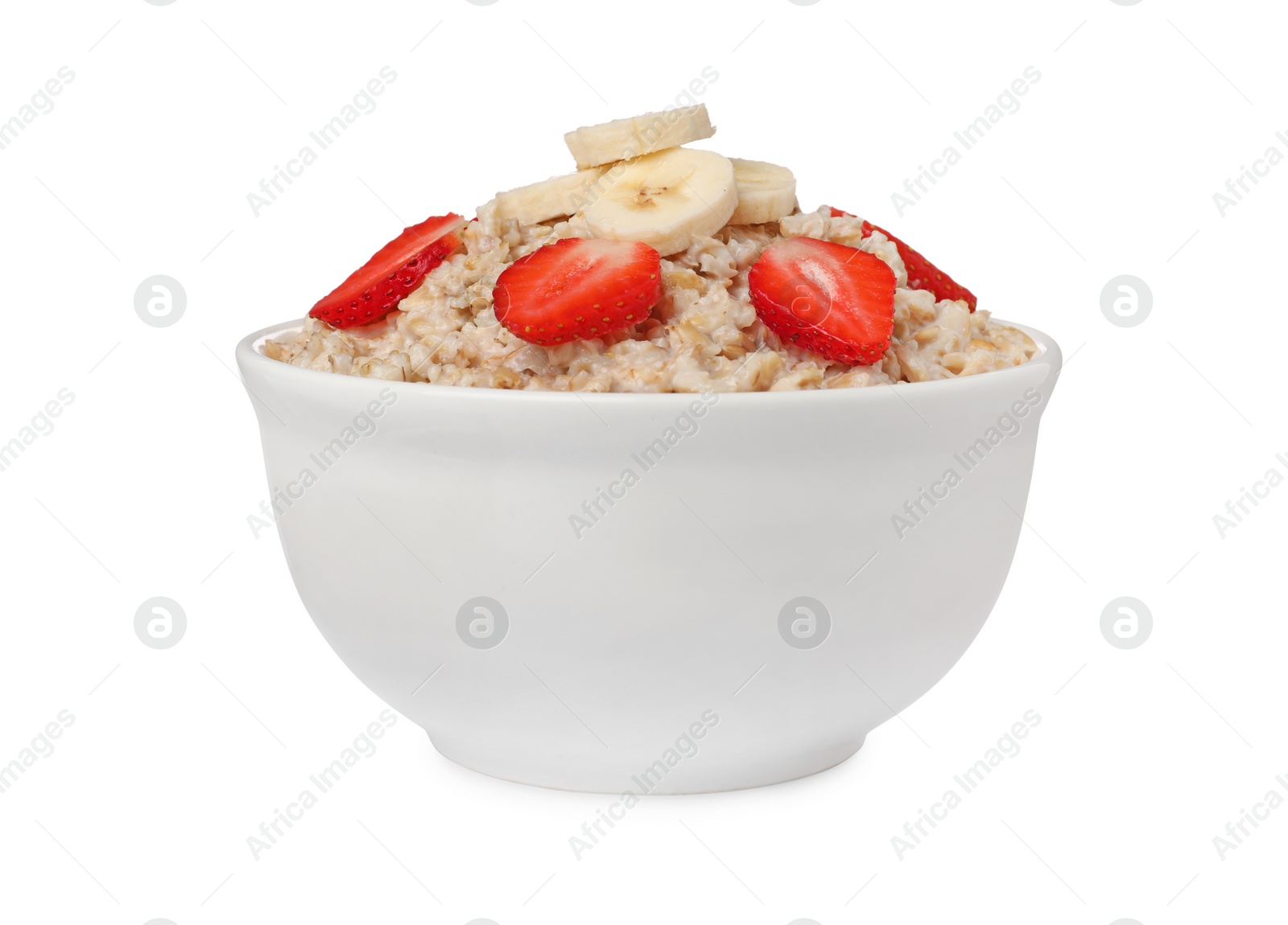 Photo of Tasty boiled oatmeal with strawberries and banana in bowl isolated on white