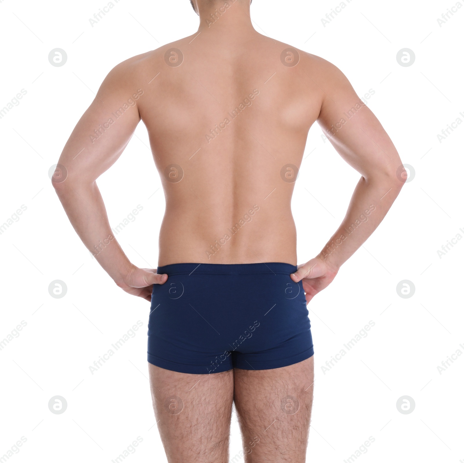 Photo of Young man on white background, closeup. Weight loss