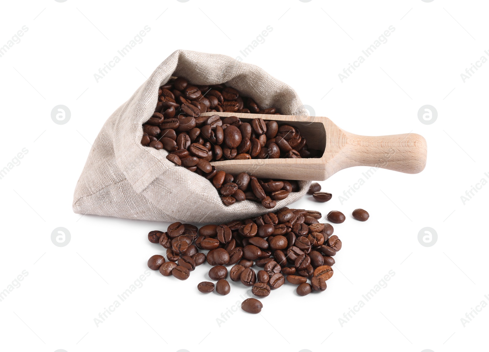 Photo of Bag and wooden scoop with roasted coffee beans isolated on white