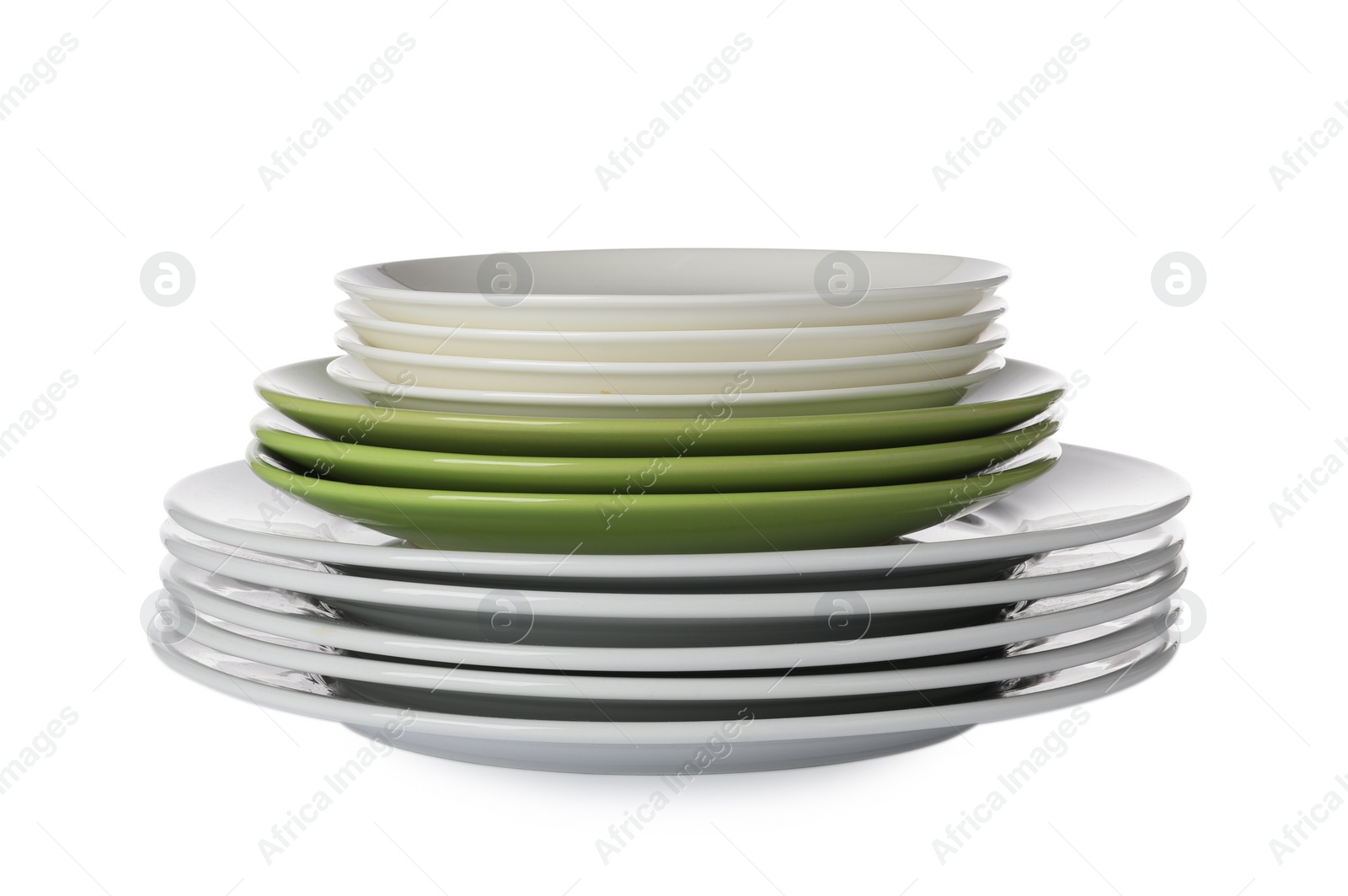 Photo of Stack of beautiful ceramic plates isolated on white