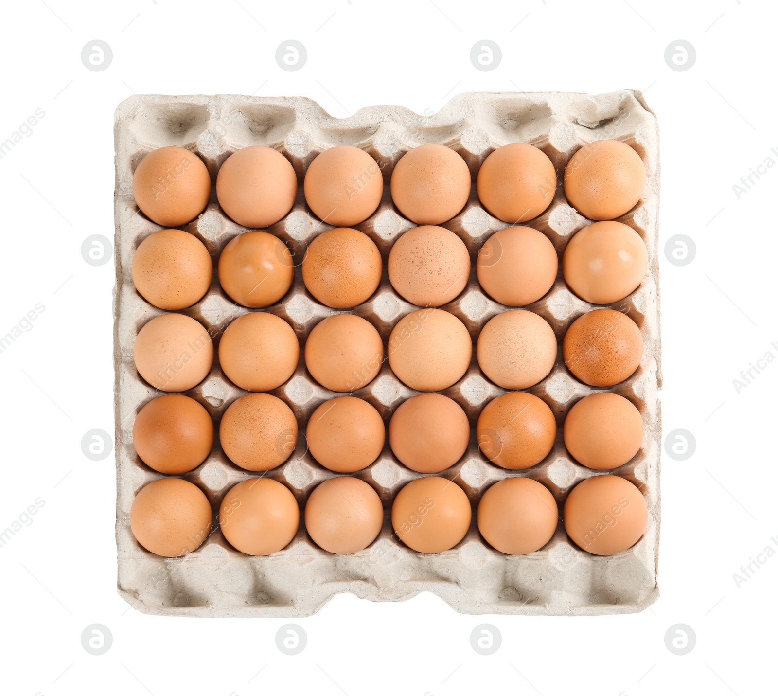 Photo of Raw chicken eggs in carton tray isolated on white, top view