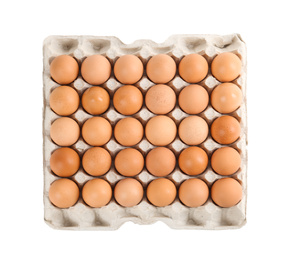 Photo of Raw chicken eggs in carton tray isolated on white, top view