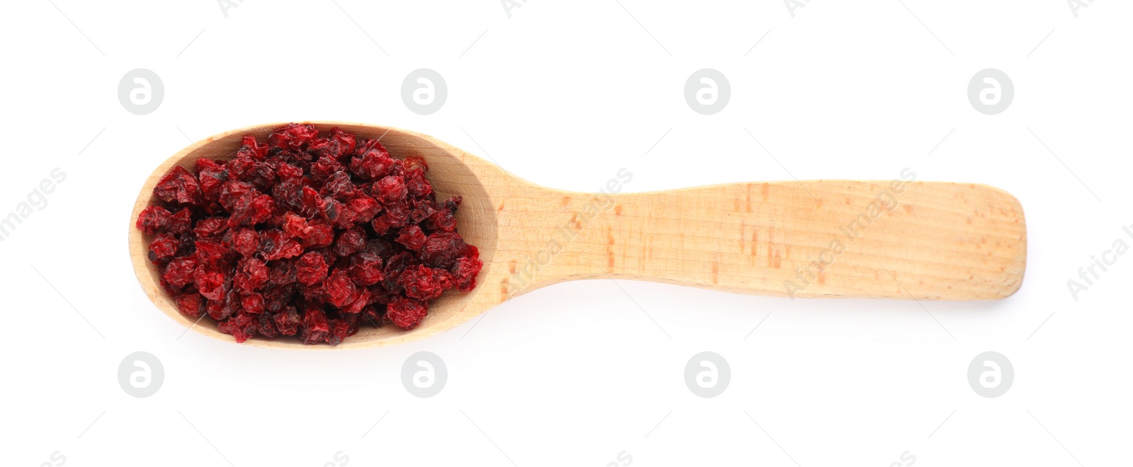 Photo of Dried red currants in wooden spoon on white background, top view