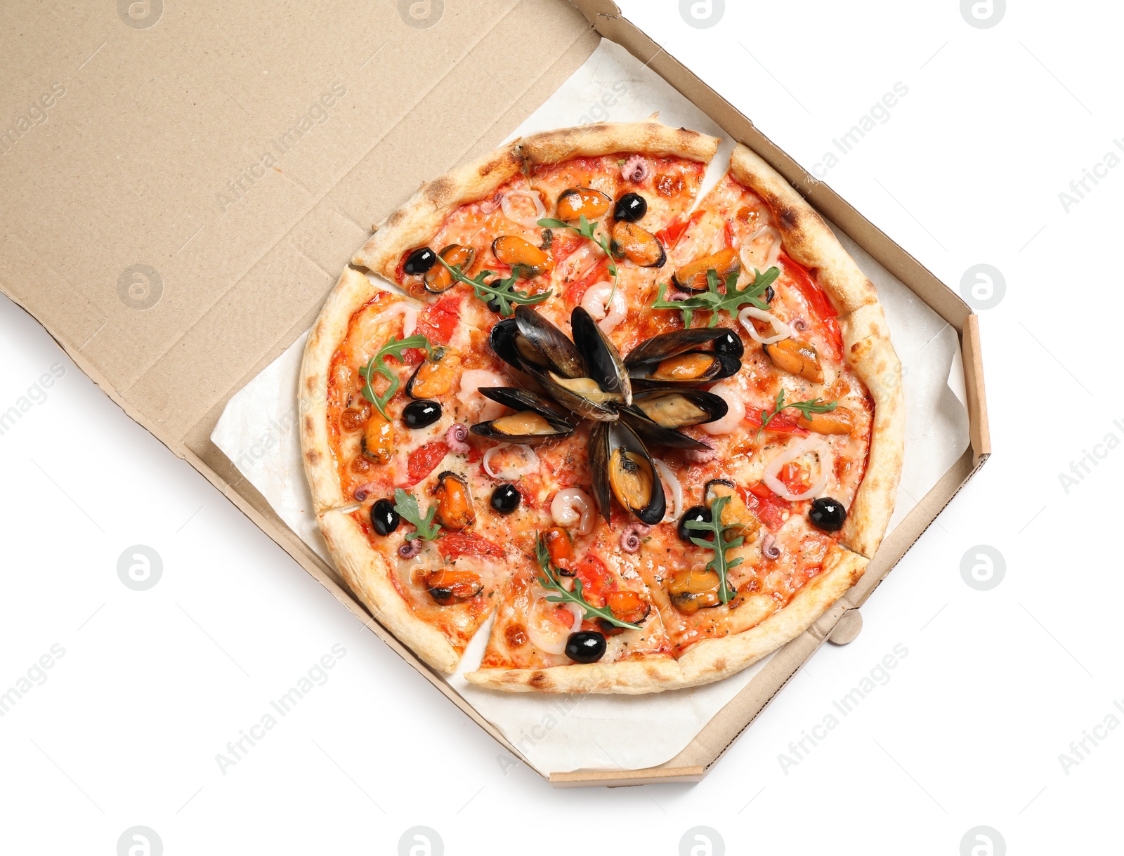 Photo of Tasty pizza with seafood in cardboard box isolated on white, top view