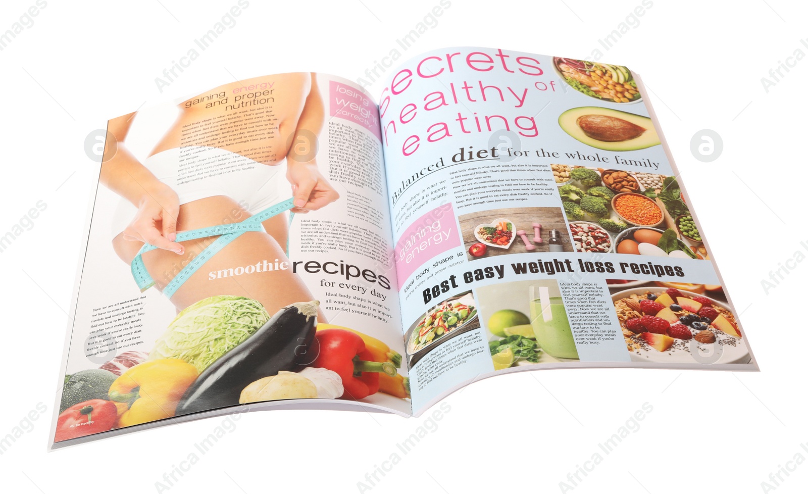 Photo of Modern printed healthy food magazine isolated on white