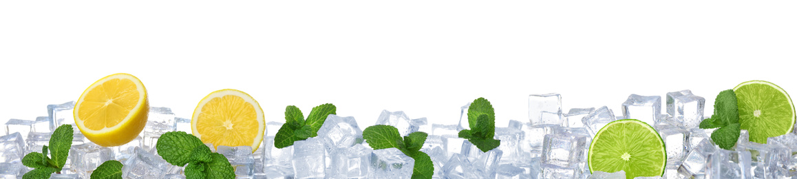 Image of Ice cubes, mint and citrus fruits on white background. Banner design 