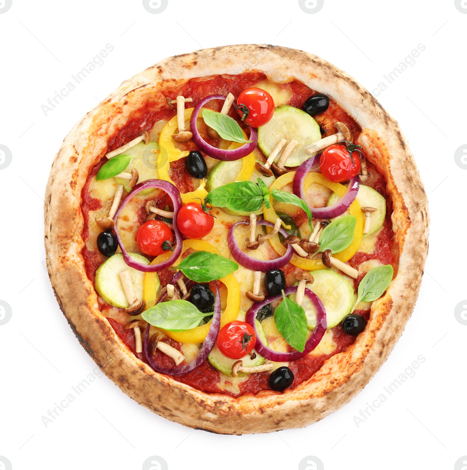 Photo of Delicious hot vegetable pizza on white background, top view