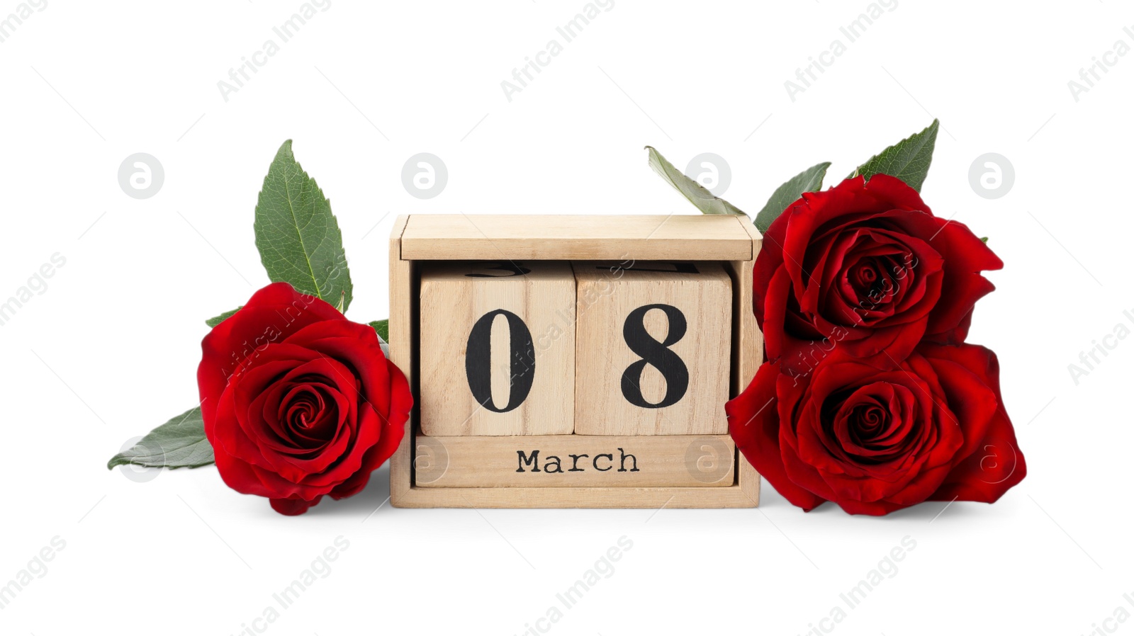 Photo of Wooden block calendar with date 8th of March and roses on white background. International Women's Day