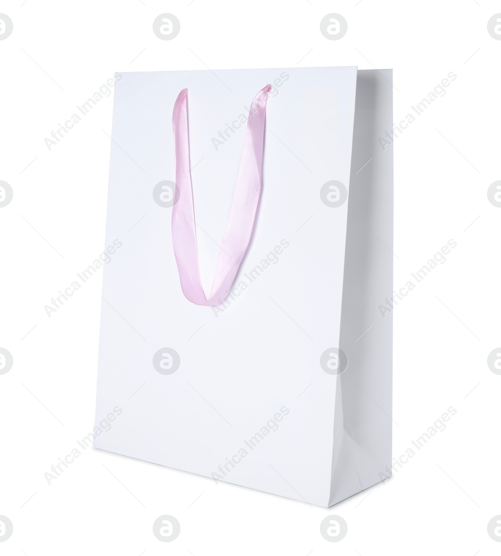Photo of Paper shopping bag with pink handle isolated on white