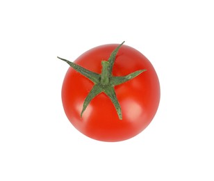 Photo of One red ripe cherry tomato isolated on white, top view