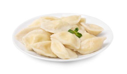 Photo of Plate of delicious dumplings (varenyky) with cottage cheese isolated on white
