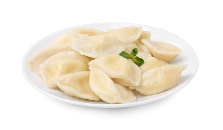 Plate of delicious dumplings (varenyky) with cottage cheese isolated on white