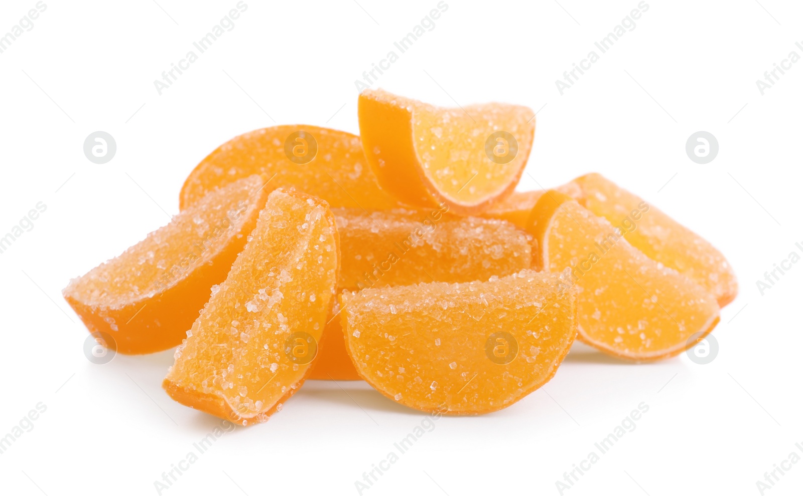 Photo of Sweet orange jelly candies on white background