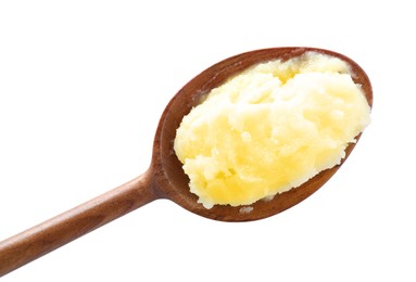 Wooden spoon of Ghee butter isolated on white, top view