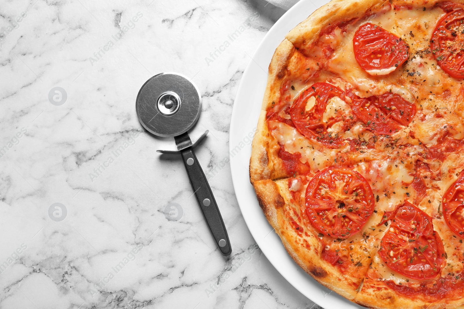 Photo of Hot cheese pizza Margherita on marble table, top view. Space for text