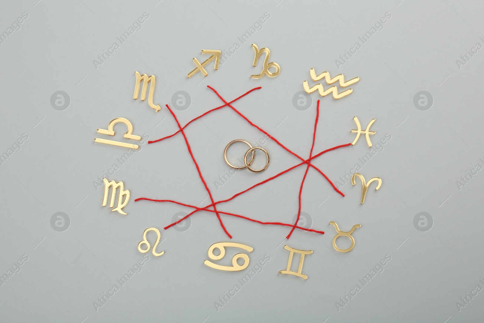 Photo of Zodiac compatibility. Signs, red threads and wedding rings on grey background, flat lay